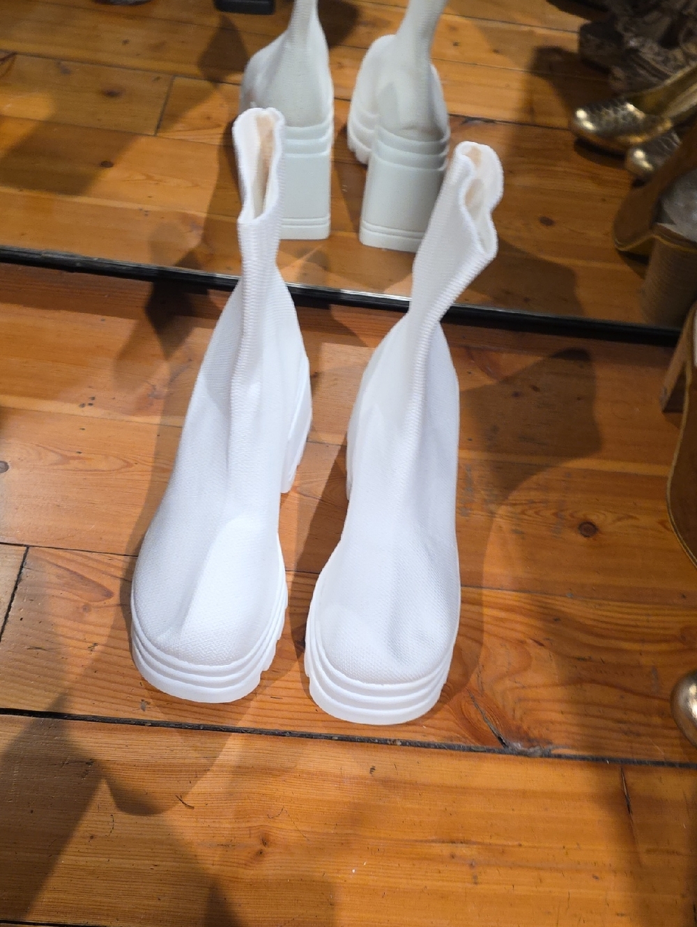 White Stretch-Knit Platform Sock Boots